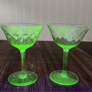 (2) Uranium Glass Cocktail Sherbet Martini Glasses Optic Vaseline Depression 5"